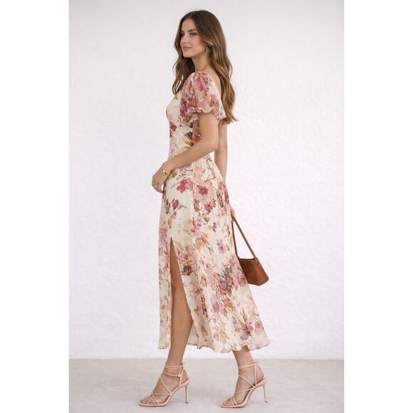 ASOS V Neck Lace Chiffon Floral Midi Tea Dress Womens Size 4 New Cream Pink - Picture 3 of 14